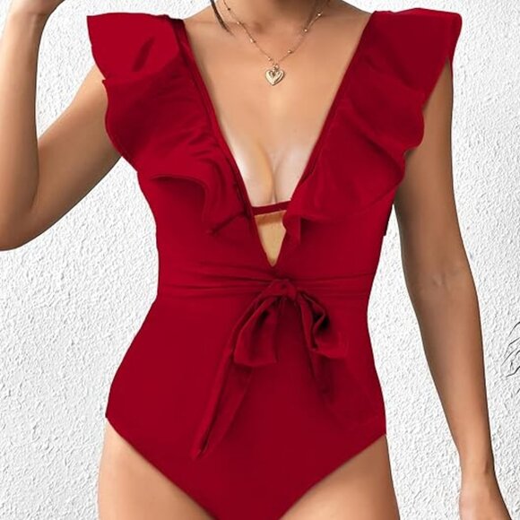 SPORLIKE One Piece Swimsuit V-Neck Ruffle Bathing Suit Padded Monokini (RedWine) - Picture 1 of 4